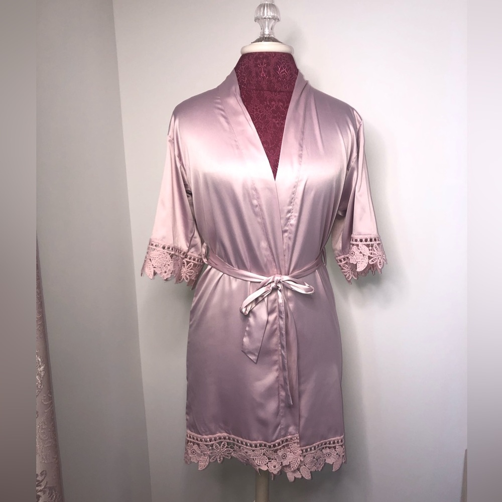Dusty Rose Blush Satin Lace Belted Robe Size XS